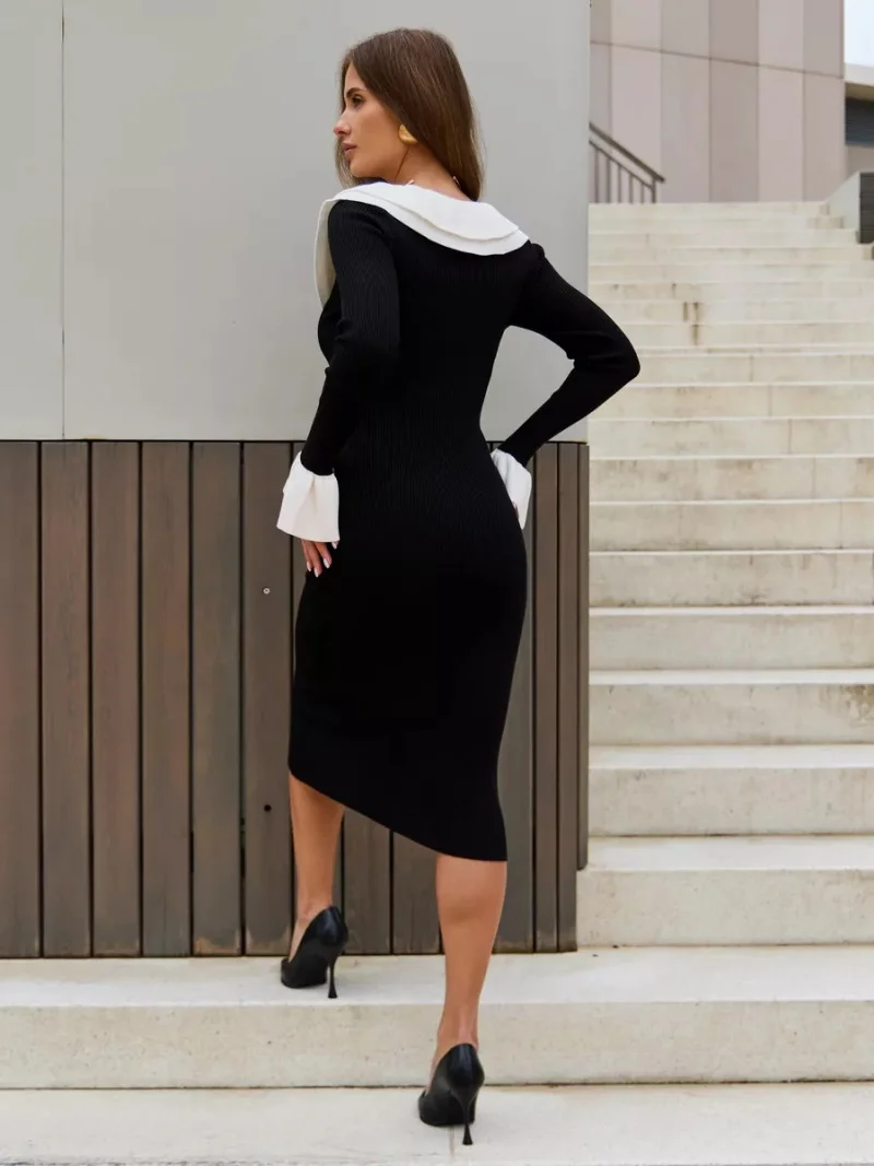 Fashion Colorblock Knitting Dress Autumn Clothing Women 2026 Flare Sleeve Single Breasted Maxi Long Dresses OL Style Knit Dress