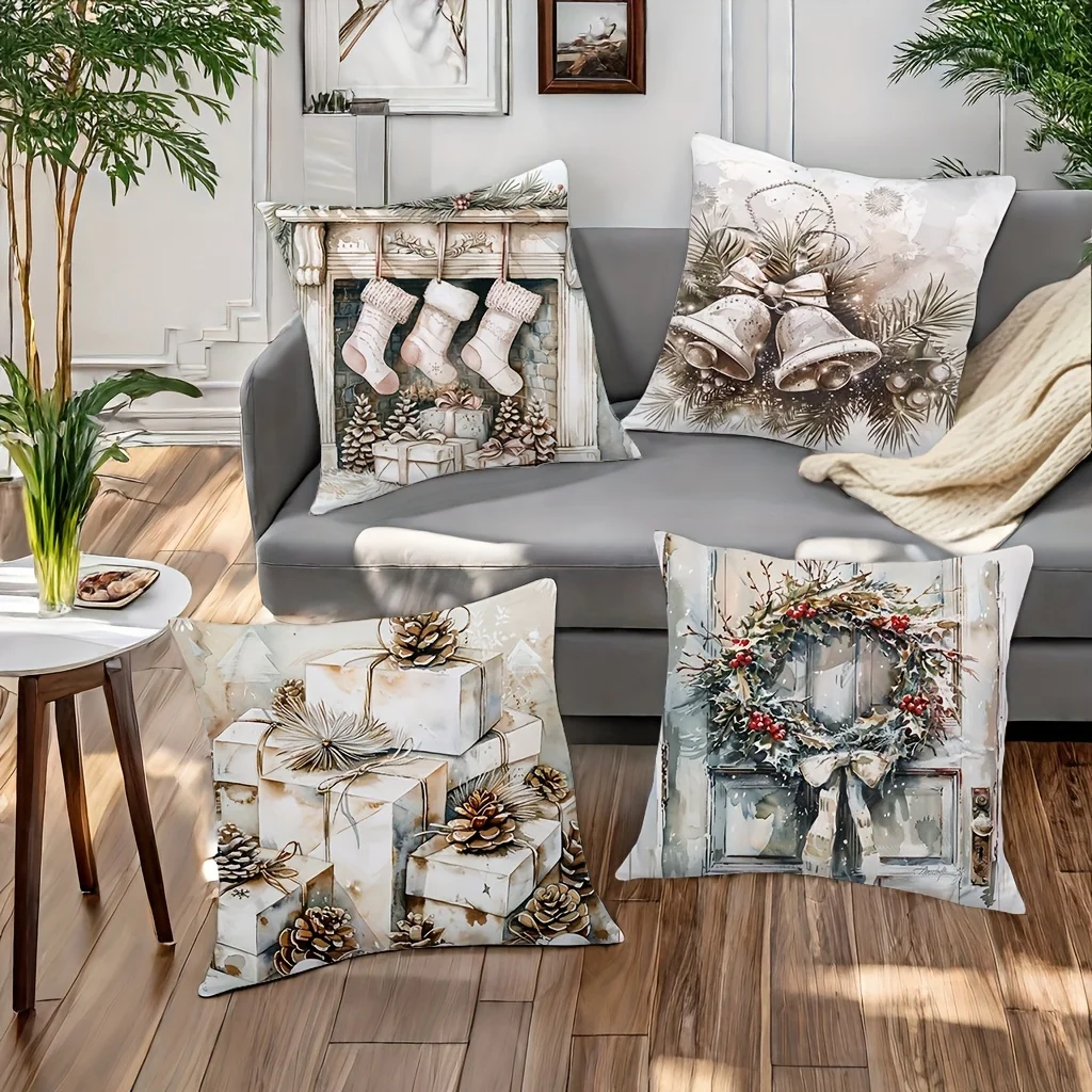 Four-Piece Holiday Decor Pillow Set: Festive Christmas Stockings, Bells, and Wreath Accents for Seasonal Home Styling