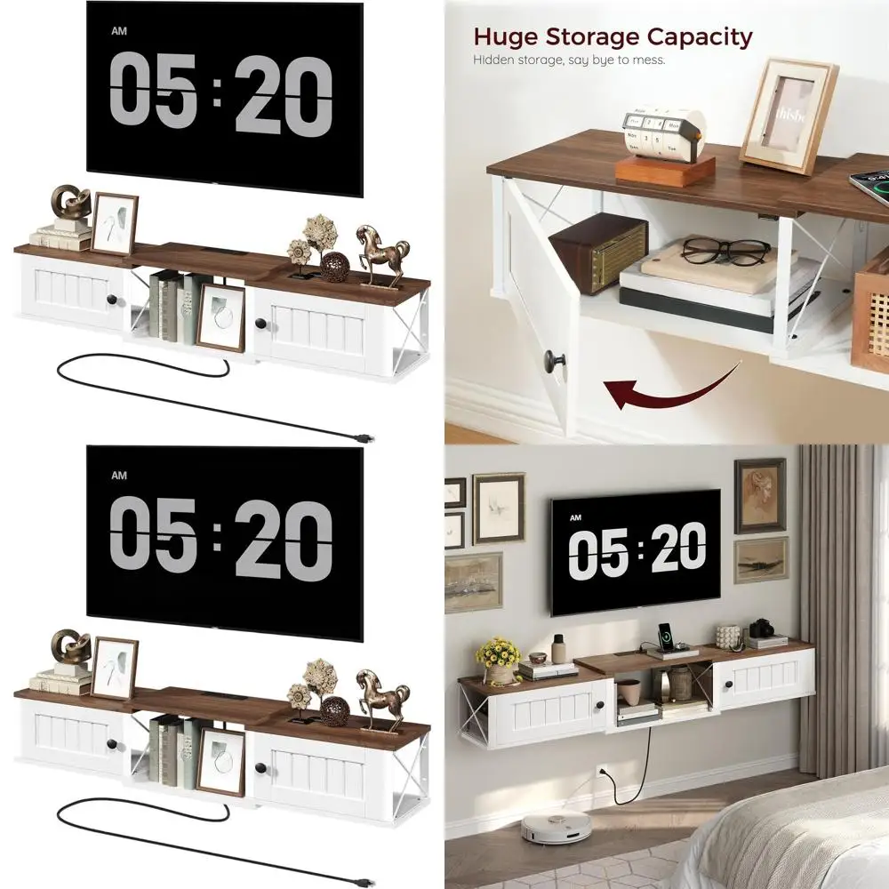 

Wall-Mounted Floating TV Stand with Storage and Power Outlet, White & Walnut Media Console for Living Spaces TVBZ402E01