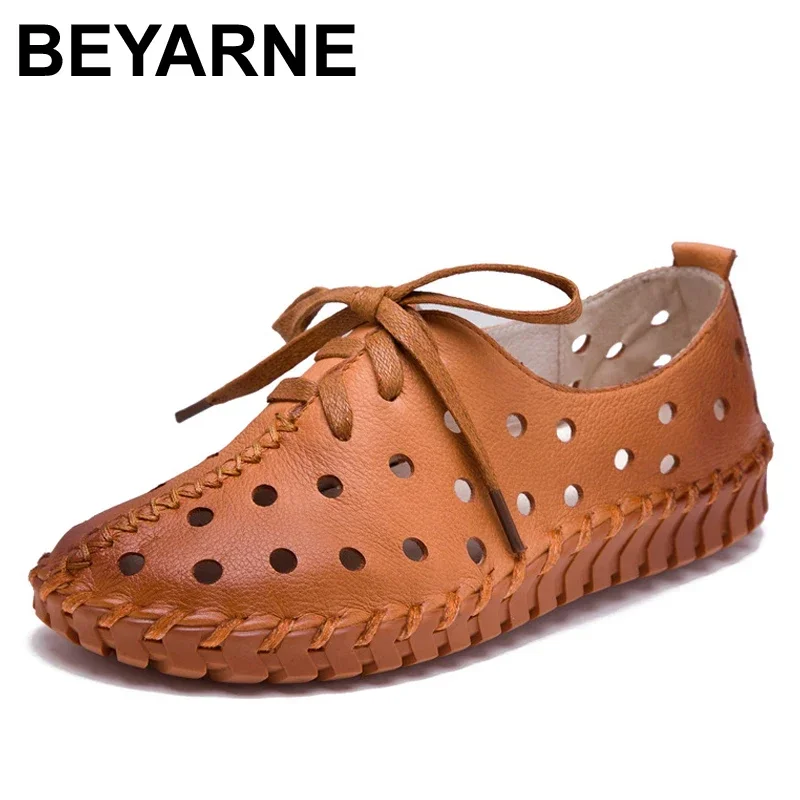 BEYARNE Spring and summer new genuine leather shoes women hollow female Lace genuine leather flats women shoes casual shoes wome