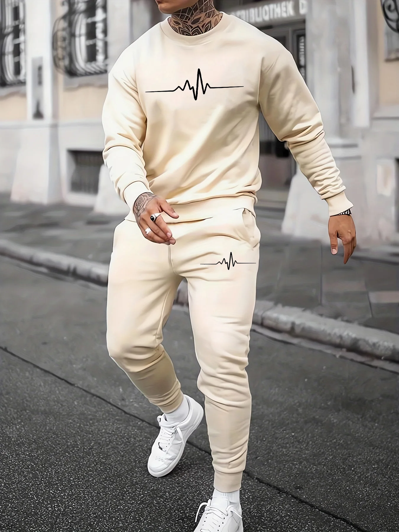 Pop Men's Autumn And Winter Casual Warm Simple Pattern Printed Loose And Thick Velvet Round Neck Sweatshirt+sports Pants Set