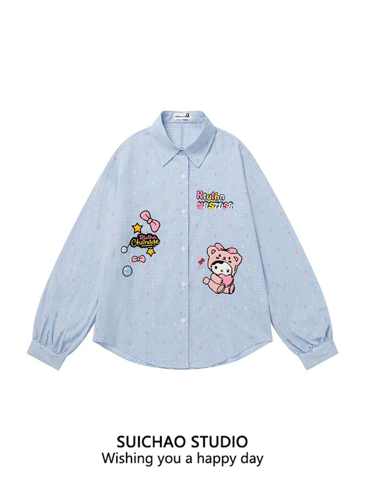 

SUICHAO American Style Long Sleeve Plaid Flocking Cartoon Shirt Men's Autumn Fun Couple's Shirt Rainbow Polka Dot Pattern