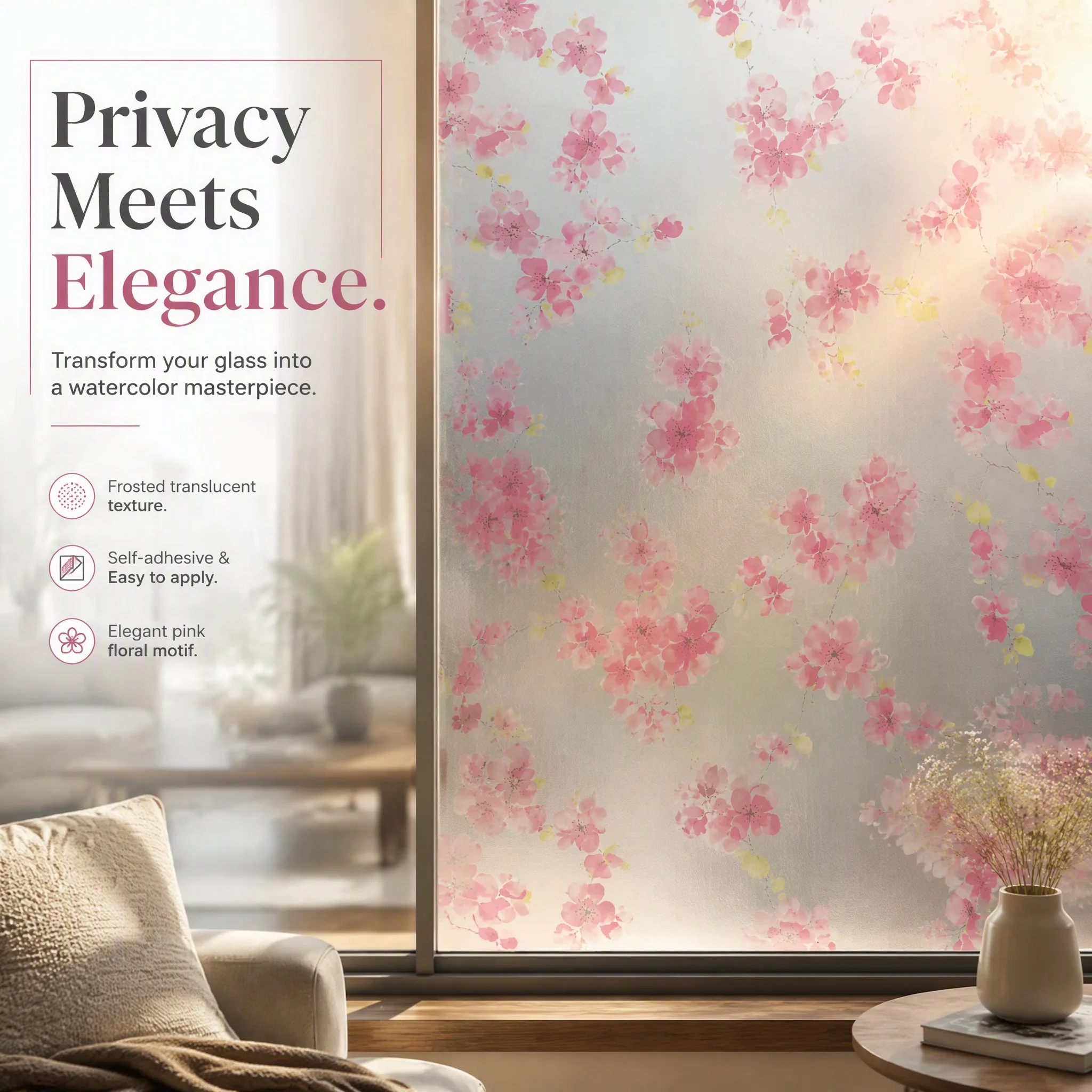 Elegant Pink Floral Self‑Stick Window Privacy Film Frosted Glass Cover Waterproof Anti‑UV Self‑Adhesive Glass Sticker
