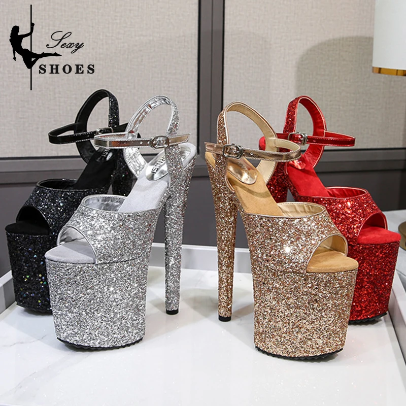 elegant woman shoes with High Heels 20CM Sequined Cloth Platform Modern Sandals Stripper Shoes Red Wedding Women Shoes Pumps