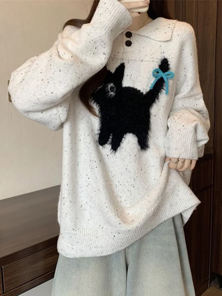 Suéteres con lazo de dibujos animados para mujer, Jersey holgado Vintage de manga larga de punto Kawaii, jerséis Retro informales de estilo pijo japonés