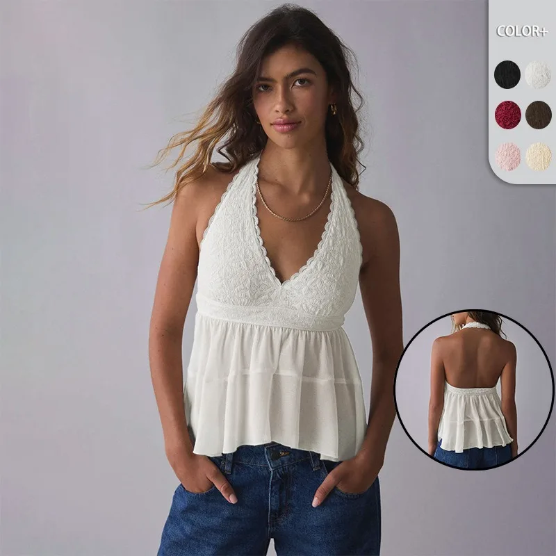 

2026 New Lace Top Women's Summer Pleated Ruffle Hem Exposed Navel Sweet and Spicy Style Short Neck Hanging Vest Female Clothing
