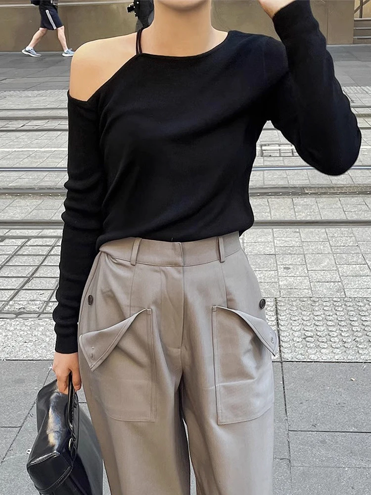 سترة محبوكة نسائية أنيقة للخريف، تصميم بسيط وفضفاض بأكمام طويلة، ياقة غير متماثلة بتصميم الكتف الواحد، مناسبة للارتداء اليومي