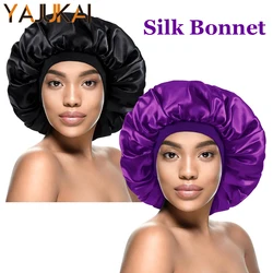 Bonnet de seda grande para dormir, gorro preto acetinado com elástico para cabelos grossos, touca de banho para mulheres, gorro de cabelo enorme 1pc