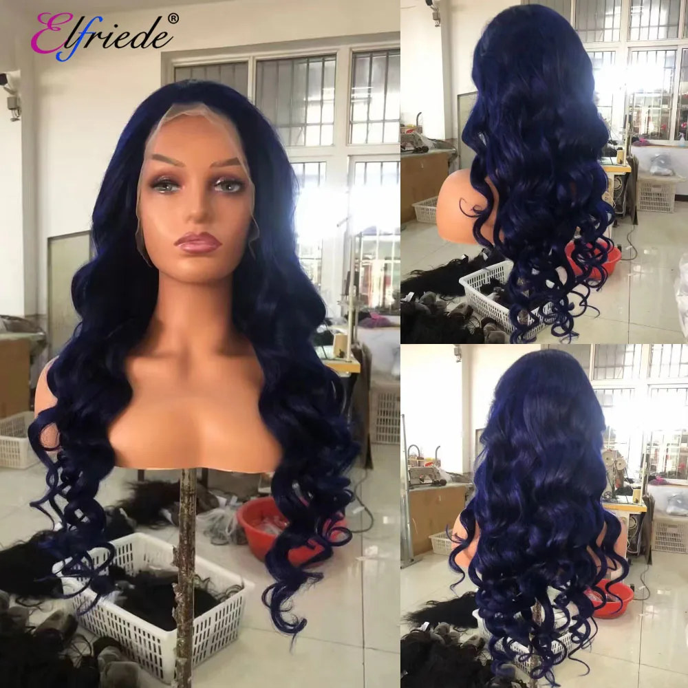 Elfriede #Dark Blue Loose Wave Lace Wigs for Women 4x4 Lace Closure 13X4 13X6 HD Lace Frontal Wig 100% Remy Human Hair Wigs