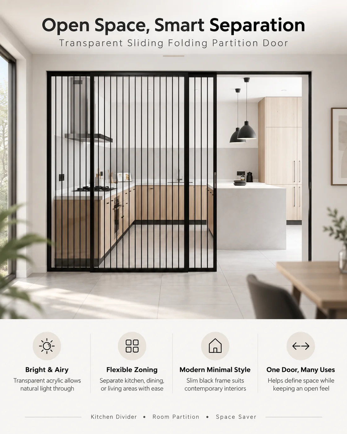 Customizable Aluminum Alloy Sliding PVC Door, Black Frame Decorative Partition, Moistureproof Sliding Door For Home & Office