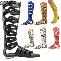 Womens Gladiator Knee High Top Sandals Hollow Out Roman Boots Shoes Back Zipper Rivet Studs PU Leather 9Colors Plus Size