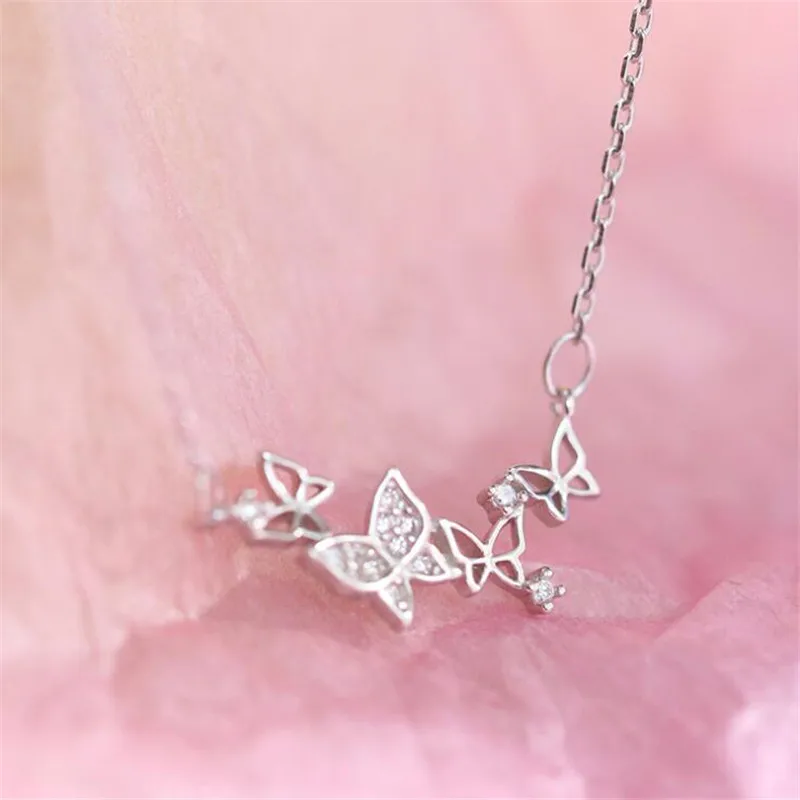 New Creative Hollow Exquisite Butterfly Romantic Flying 925 Sterling Silver Jewelry Heart Crystal Clavicle Chain Necklaces XL056