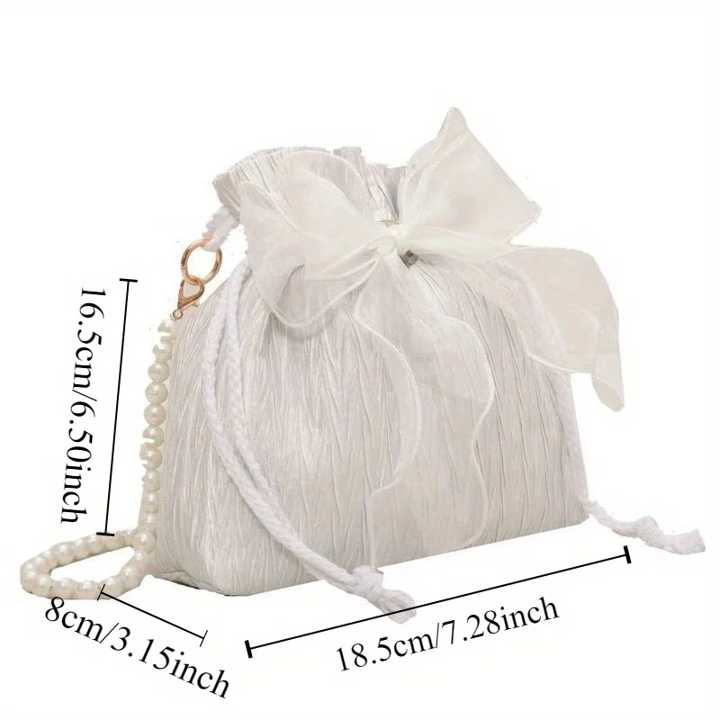 Plissierte Mini-Umhängetasche für Damen, Organza-Schleifentasche mit Perlenkettenriemen, elegante Abendhandtasche für Hochzeit, Party, Abschlussball – Detail 3
