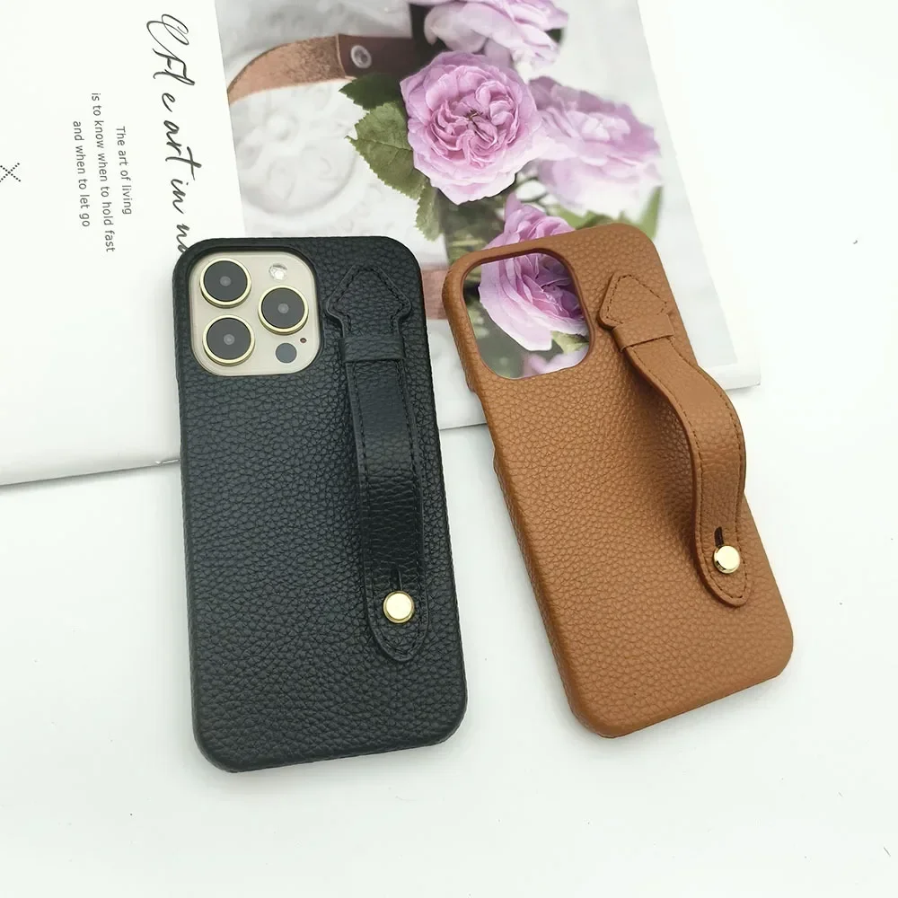 

Suitable for iPhone 16 Wrist Strap Holder Phone Case 15promax Lychee Pattern 14 13pro Half Pack 12Anti Drop Protection Cover 11