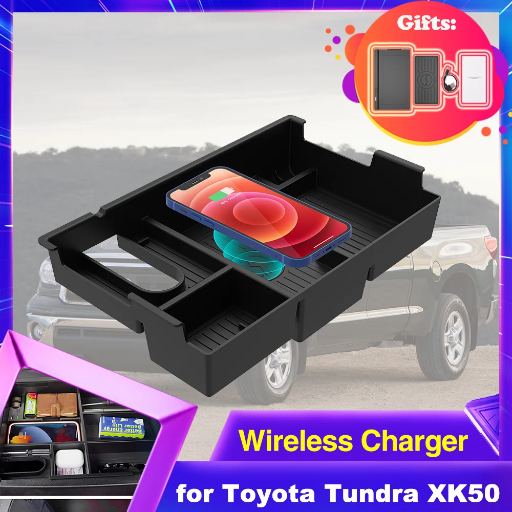 Car Wireles Charging Pad for Toyota Tundra XK50 TRD 2007~2021 2008 2009 Armrest Storage Box Phone Fast Charger Plate Panel Tray