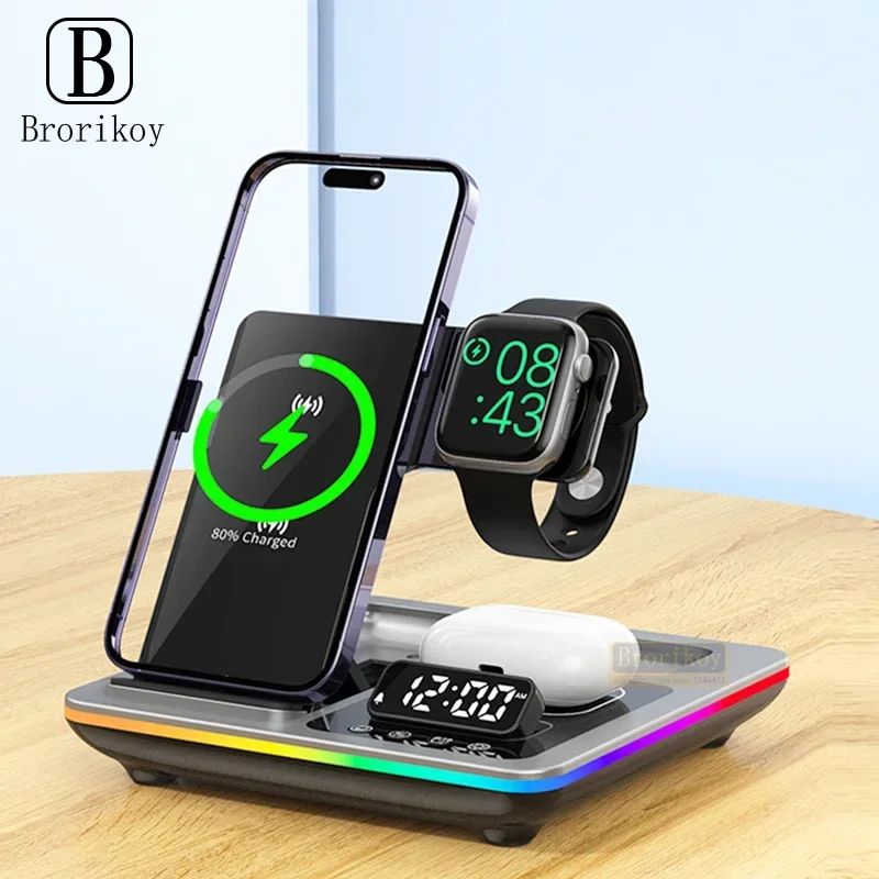 

4IN1 Alarm Clock Wireless Charger Stand for iPhone 15 14 13 12 11 Pro Max Touch Control Charging Station for Airpods Apple Watch