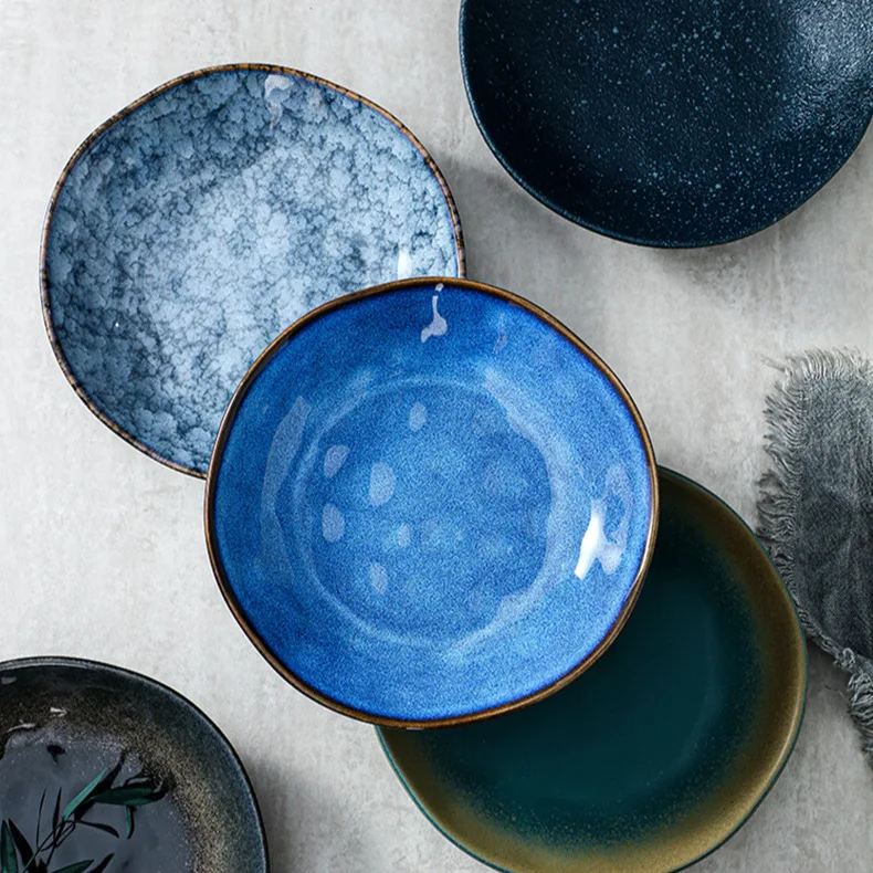 

Japanese-style ceramic plate kiln-changed glaze stone pattern deep plate vegetable plate retro hotel restaurant tableware