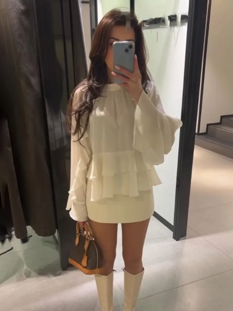 

HH 2025 женская весенняя модная блузка с круглым воротником и длинными рукавами на пуговицах сзади, ламинированная декоративная блузка, женская однотонная свободная рубашка