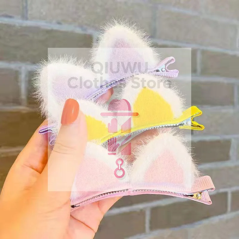 مجموعة مشابك شعر على شكل أذن القطة من القطيفة مكونة من قطعتين بتصميم كرتوني لطيف على الطراز الكوري لإكسسوارات شعر الفتيات الصغيرات
