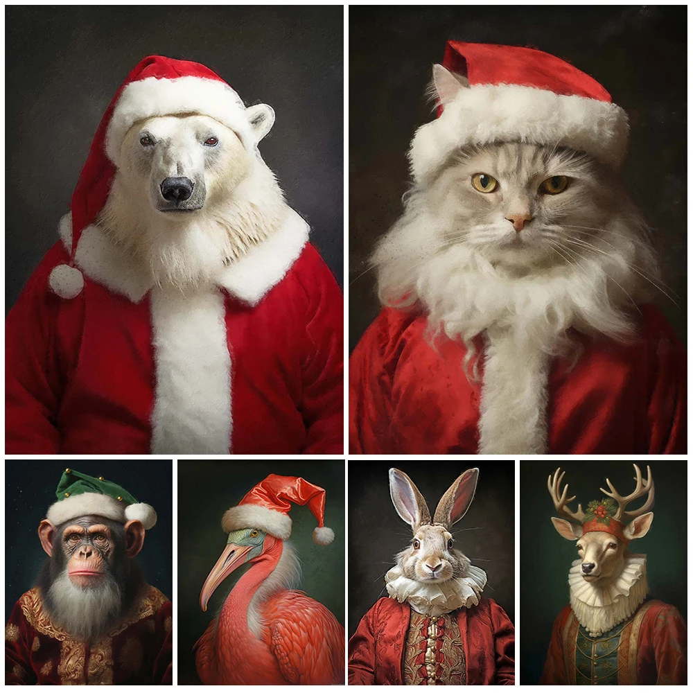 

Custom Santa Claus Christmas Dog Cat Animals Portrait Wall Pictures For Living Room Poster Wall Art Canvas Painting Unframed