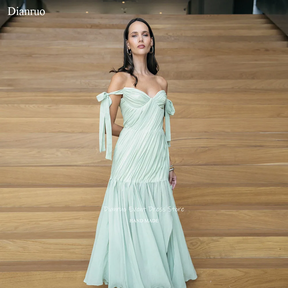 

Dianruo Mint Green Off Shoulder Evening Dresses Tie Strap Pleated Bodice Vestidos De Festa Chiffon Prom Gowns 2025 Customized