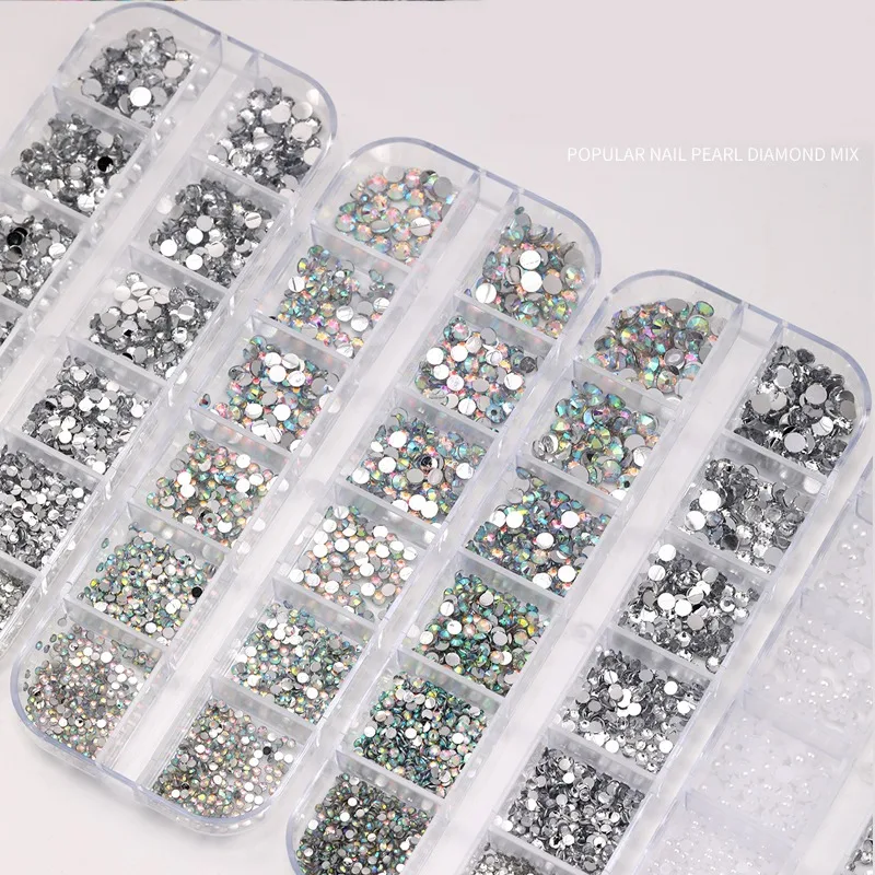 12 グリッド光沢のあるクリアクリスタル宝石ネイルチャーム 1.5-5 ミリメートル混合パールガラスストーン売春ネイルラインストーンダイヤモンドマニキュア DIY