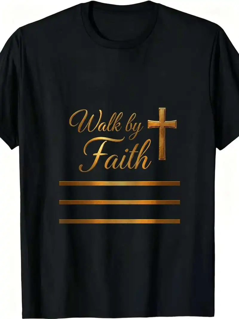 Walk By Faith Golden Cross Religious Pattern Men's Printed T-Shirt Home Gym Park Street Travel Beach Casual Wear Gift Tee