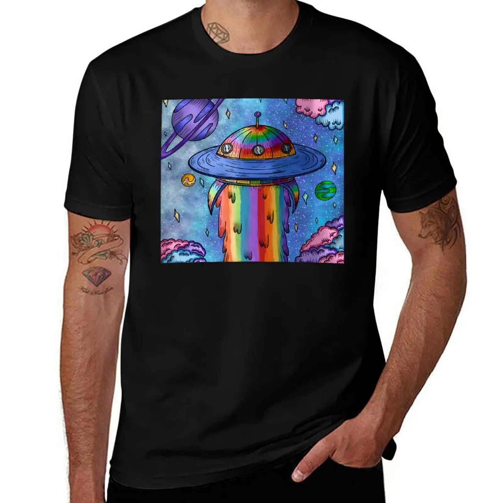 

Rainbow UFO in space T-Shirt man t shirt graphic t shirt man luxury