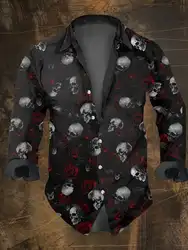 Halloween Men's Retro Dark Skull Prints Long Sleeve Shirt-Skull Rose Print,Regular Fit,Lapel Collar, Polyester Blend Black Tops