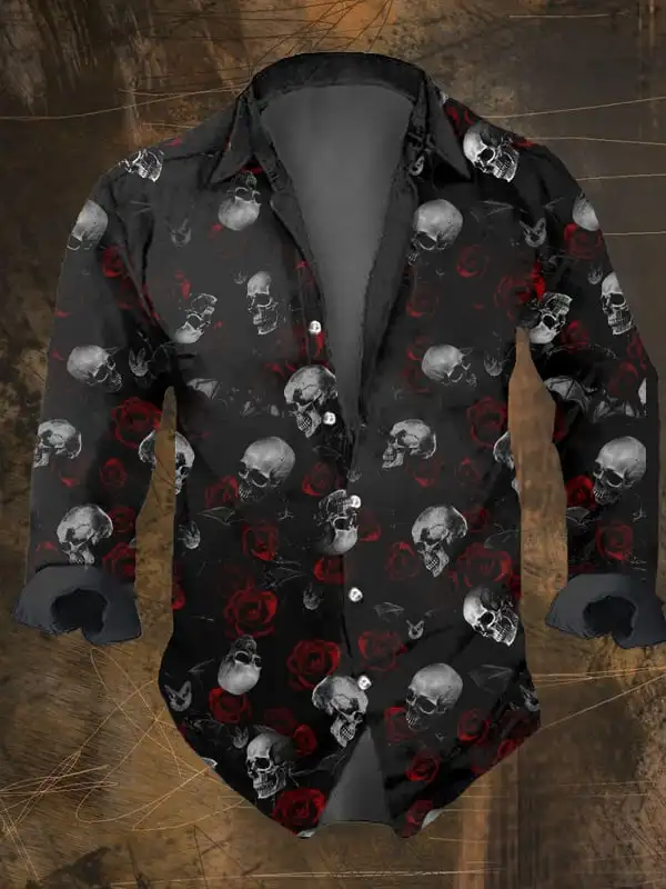 Halloween Men's Retro Dark Skull Prints Long Sleeve Shirt-Skull Rose Print,Regular Fit,Lapel Collar, Polyester Blend Black Tops