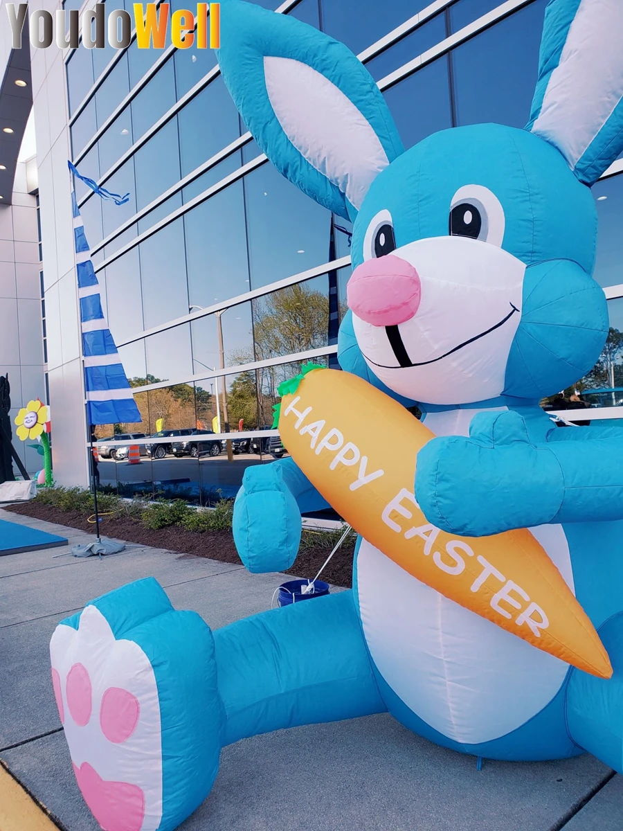 2.5mH Inflatable Easter Blue Bunny Holding Carrot, Holiday Event Doorway, Party Decoration