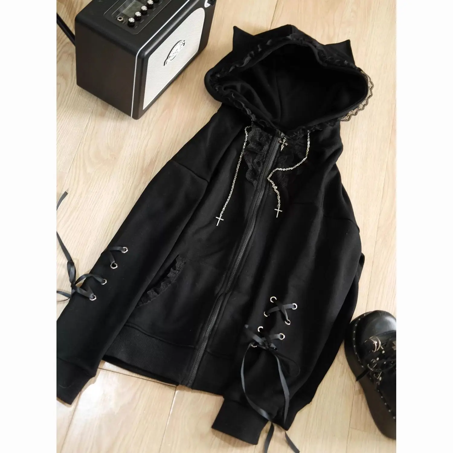 Gothic Subculture Black Lace Loose Hoodie Women's Autumn Aesthetic Lovely Long Sleeve Hooded Coat Casual Warm Winter Overcoat