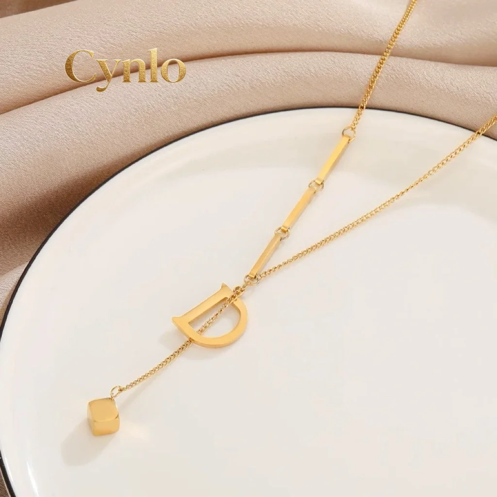 Cynlo Jewelry Luxury 24K 9999 Pure Gold real gold D Letter Women Necklace Geometric Square Pendant Clavicle Chain