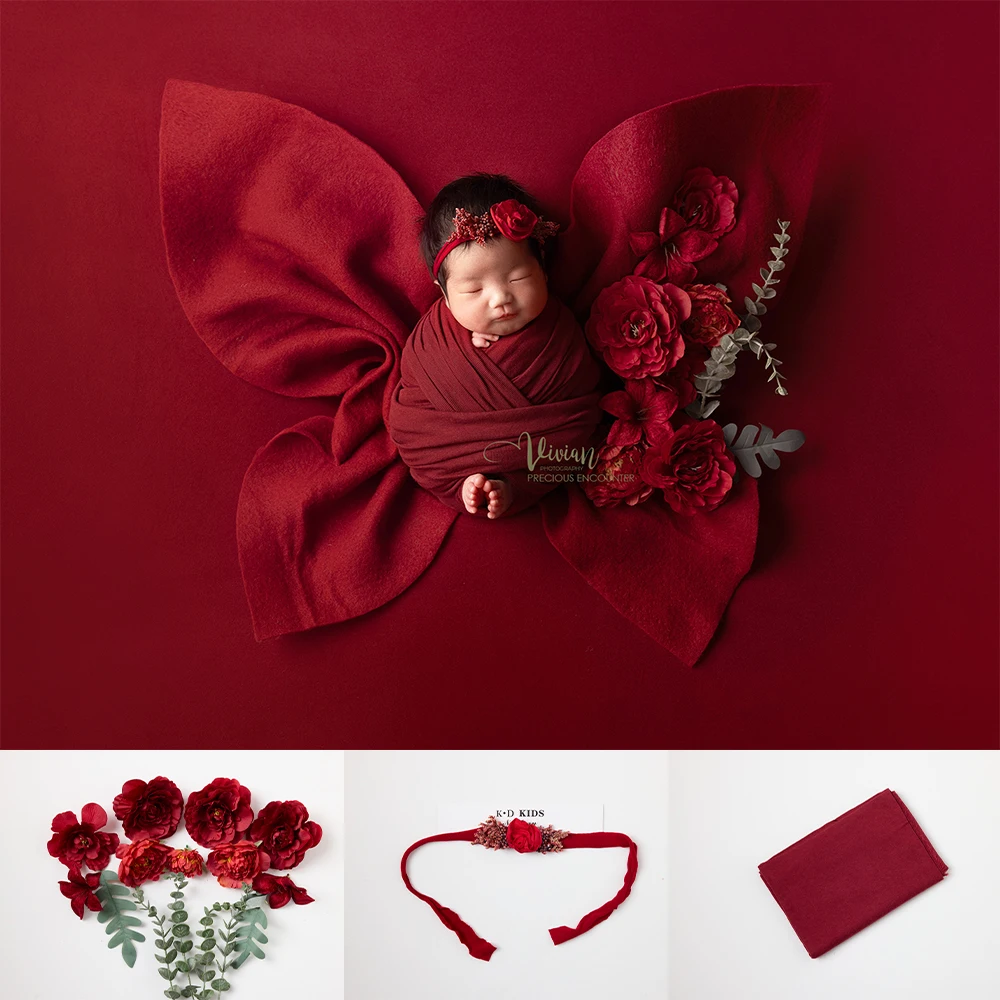 

Newborn Photography Props Red Butterfly Wrap Set Flower Headband Floral Decor Props Baby Photo Studio Infant Shooting Accessory
