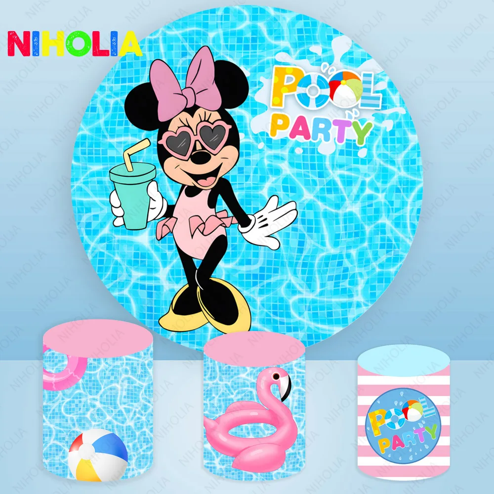 Minnie Mouse Backdrop para meninas, fundo redondo de fotografia, elástico, festa na piscina, decoração de aniversário