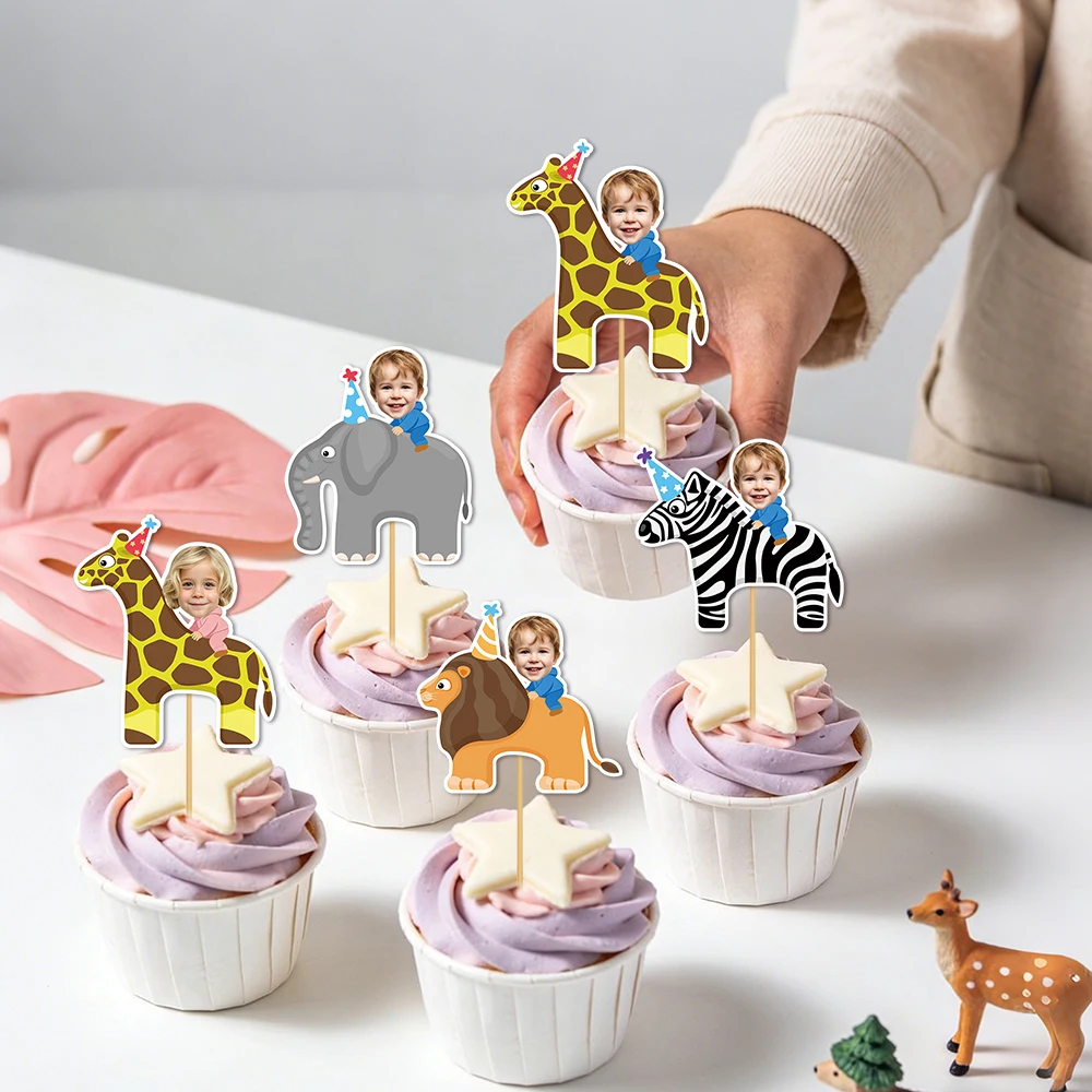 6/12 stücke Benutzerdefinierte Cartoon Tier Party Gesicht Foto Kuchen Topper Dschungel Tier Motto Party Dekorationen Kinder Geburtstag Party liefert