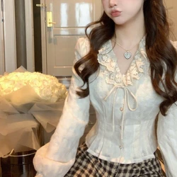 Spring Autumn Fashion V-neck Long Sleeve Lace Blouses Edible Tree Fungus Women's Clothing Korean Lacing Sweet All-match Shirts