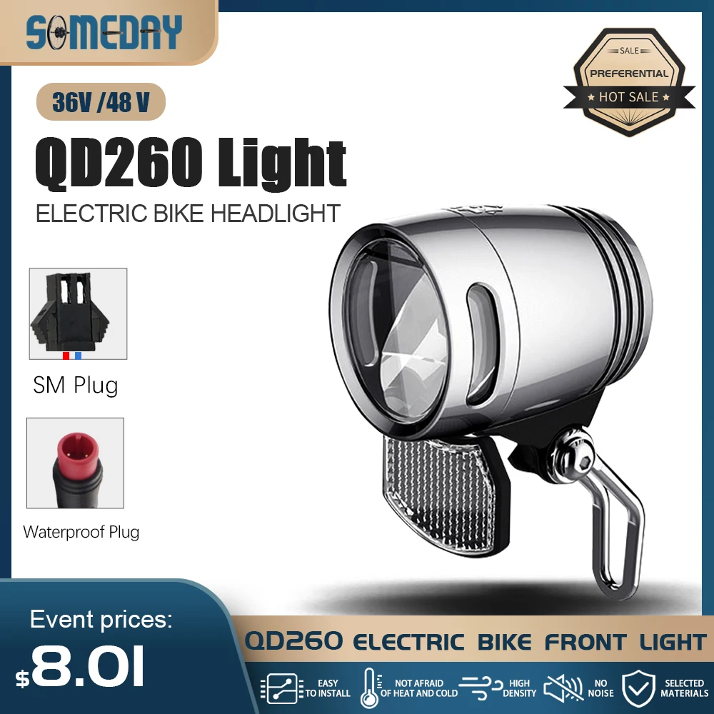 E-Bike LED-Scheinwerfer 36V/48V QD260 Fahrrad-Frontlampe aus Aluminiumlegierung mit 2-Pin-SM/Wasserdichtem Anschluss