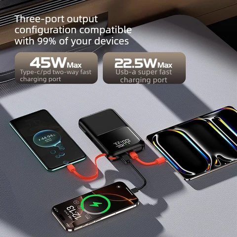 (CCC) PD45W 20000 мАч портативный внешний аккумулятор для iPhone, Huawei и Xiaomi, ультратонкий, со встроенным кабелем