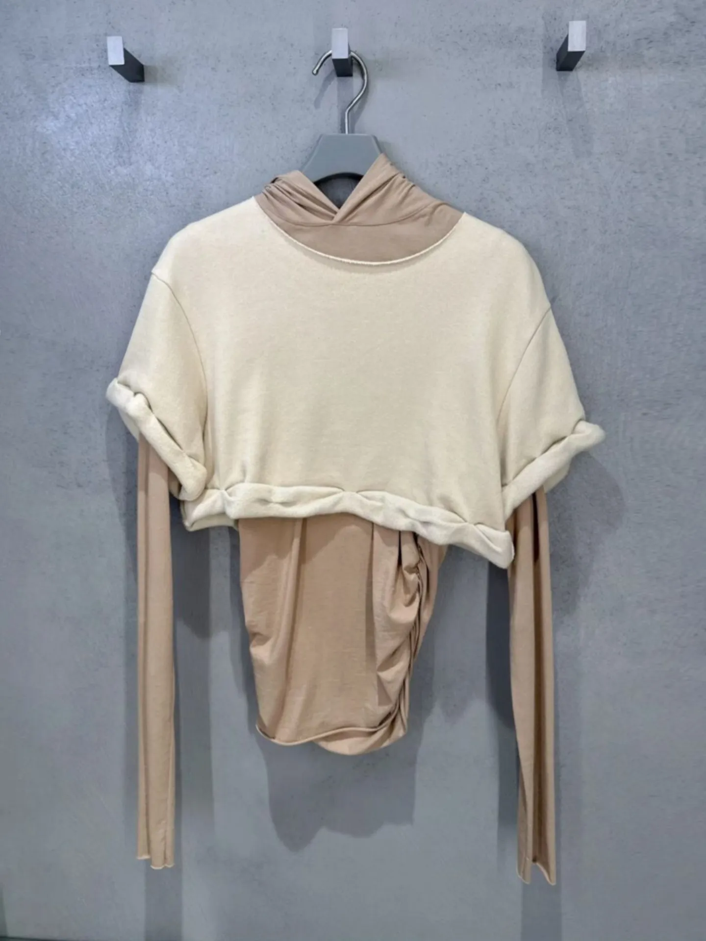 2026 Spring New Color Block Fake Two Piece Long Sleeve T Shirt Slim Fit Hooded Top