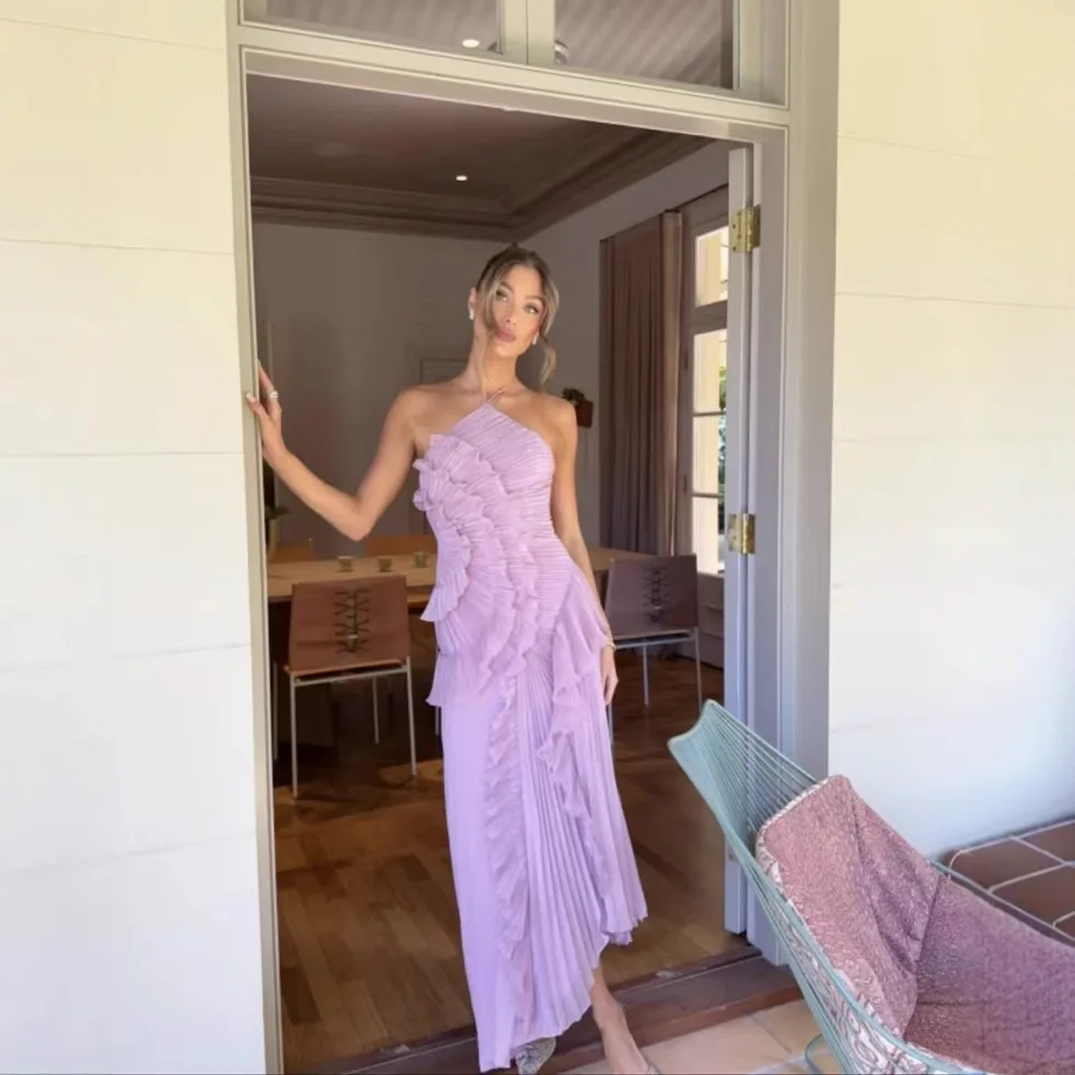 2025 Primavera ed estate Nuovo abito lungo elegante in chiffon con pendolo e collo a foglia con volant