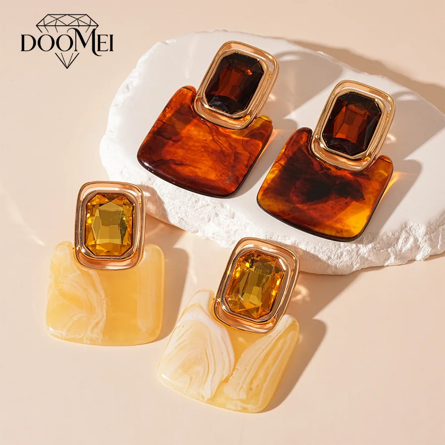DOO MEI Large Size Square Dangle Earrings for Women Retro Brown Resin Drop Earrings Party Wedding Banquet Fashion Jewelry
