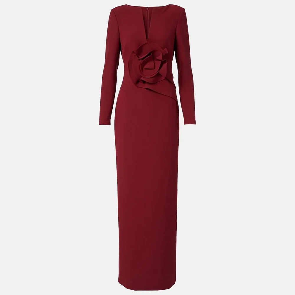 

Elegant Evening Dress Customized V-Neck Long Sleeves Modern Jersey Evening Gowns Pleated Flower Straight Prom Dresses