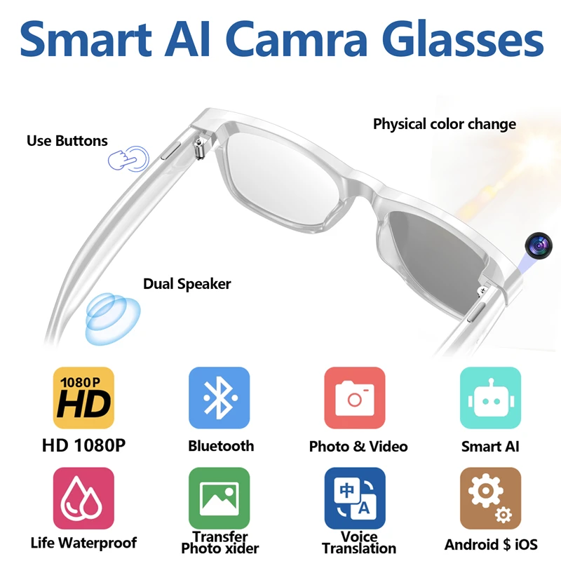 

Умные очки AI HD 1080P, камера 260 мАч, большая батарея, солнцезащитные очки, камера, видеорегистратор, голосовой помощник, умные очки