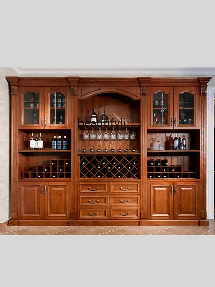 American-Style Solid Wood Large Wine Cabinet Wall Home Living Room European-Style Glass Display Sideboard Cabinet