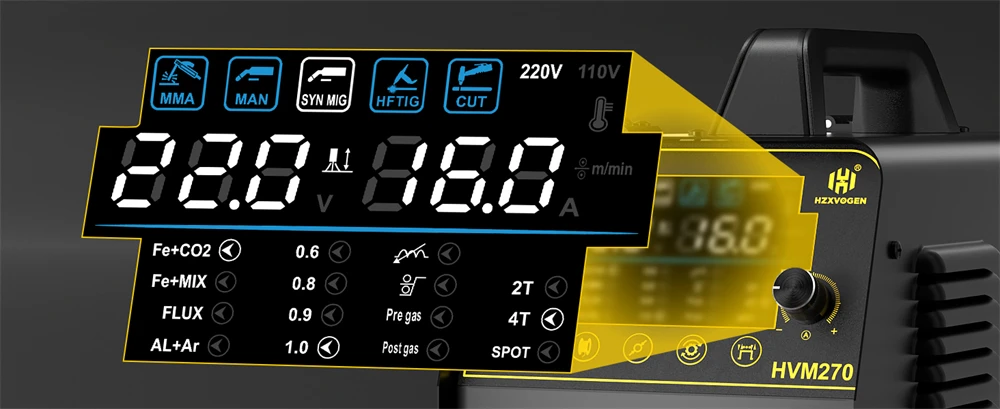 6 in 1 Welding Machine HZXVOGEN HVM270 Gas MIG Gasless MIG HF TIG MMA Plasma Cut Digital LED Screen IGBT Inverter 2T/4T