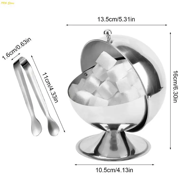 

U1JB Silver Stainless Steel Spices Holder for Household Use Spherical Sugar Bowl and Tongs Set Beverage Serving Tool