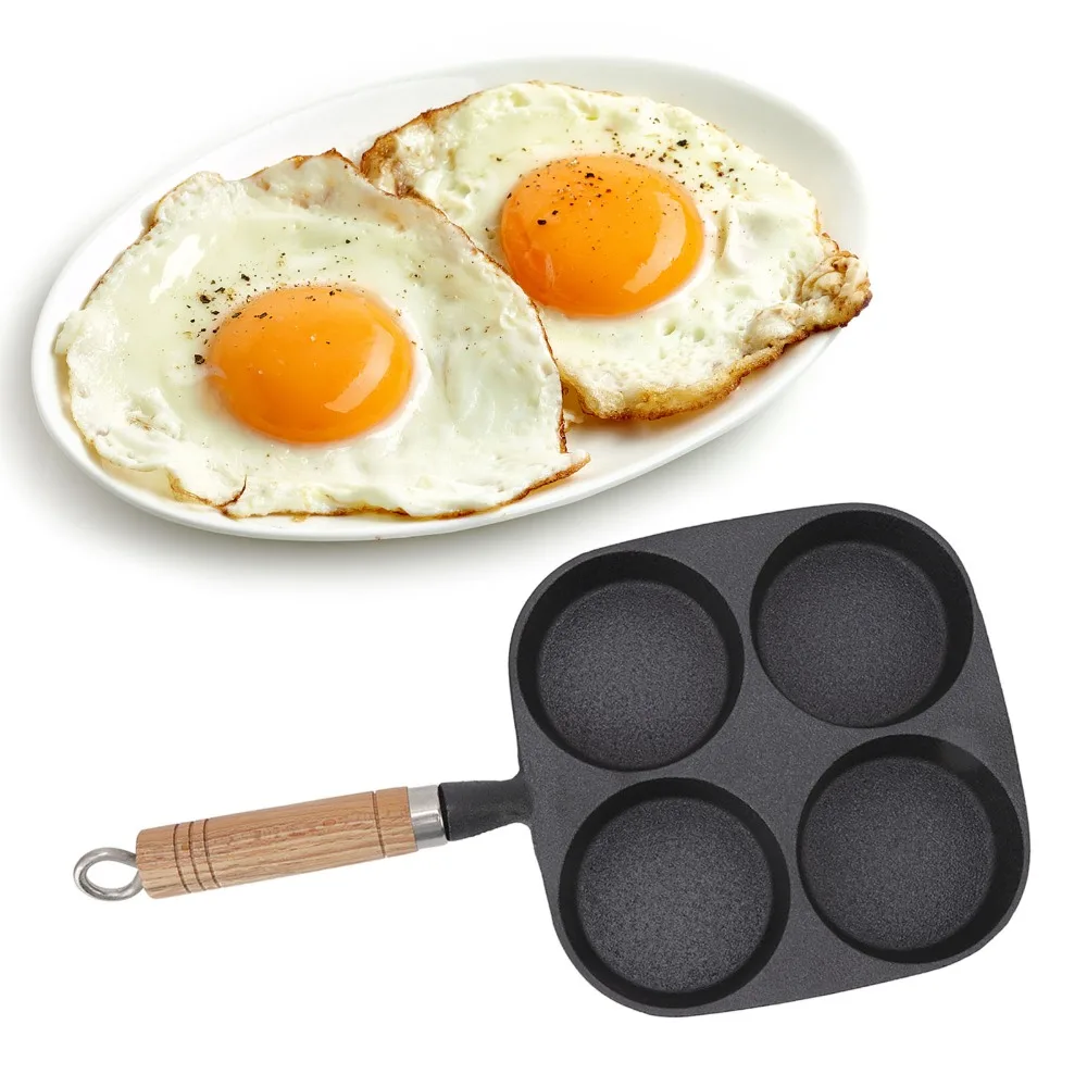 Heavy Duty Cast Iron Egg Frying Pan Wooden Handle Black Cast Iron Skillet Hanging Loop Physical Nonstick Omelet Pan Eggs