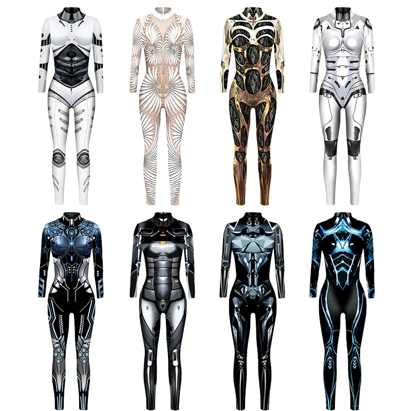 Macacões de impressão 3D de Halloween para mulheres, calças cosplay, manga comprida, bodysuit sexy magro, macacão, roupas Y2K