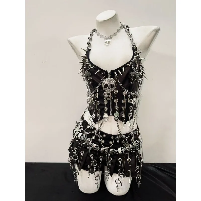 DoLife Store 2026 Summer Women Punk Halter Corset Top Gothic Spike Metal Chain Skull Pendant Alt Y2K Sleeveless Streetwear Vest